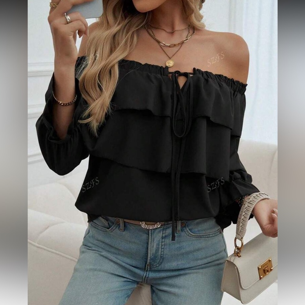 Stylish Black Ruffle Off-Shoulder Blouse